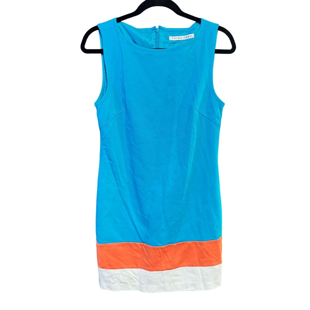 Trina Turk Blue Orange White Colorblock Sleeveless Shift Dress Mini Boatneck - Picture 2 of 8